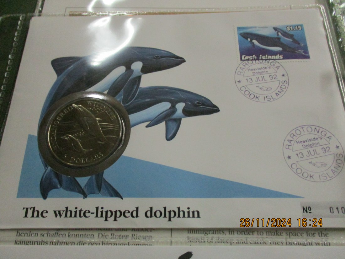  5 Dollars Cook Islands 1991 Numisbrief Delphin Gefährdete Tierwelt mit Briefmarken   