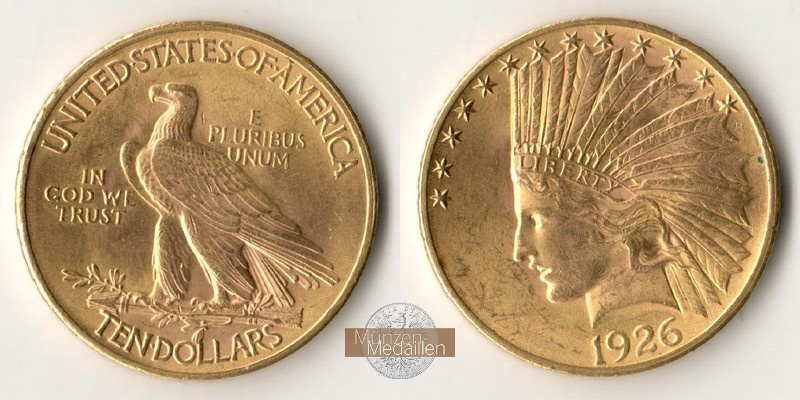 USA MM-Frankfurt Feingewicht: 15,05g Gold 10 Dollar 1926 Eagle - Indian Head