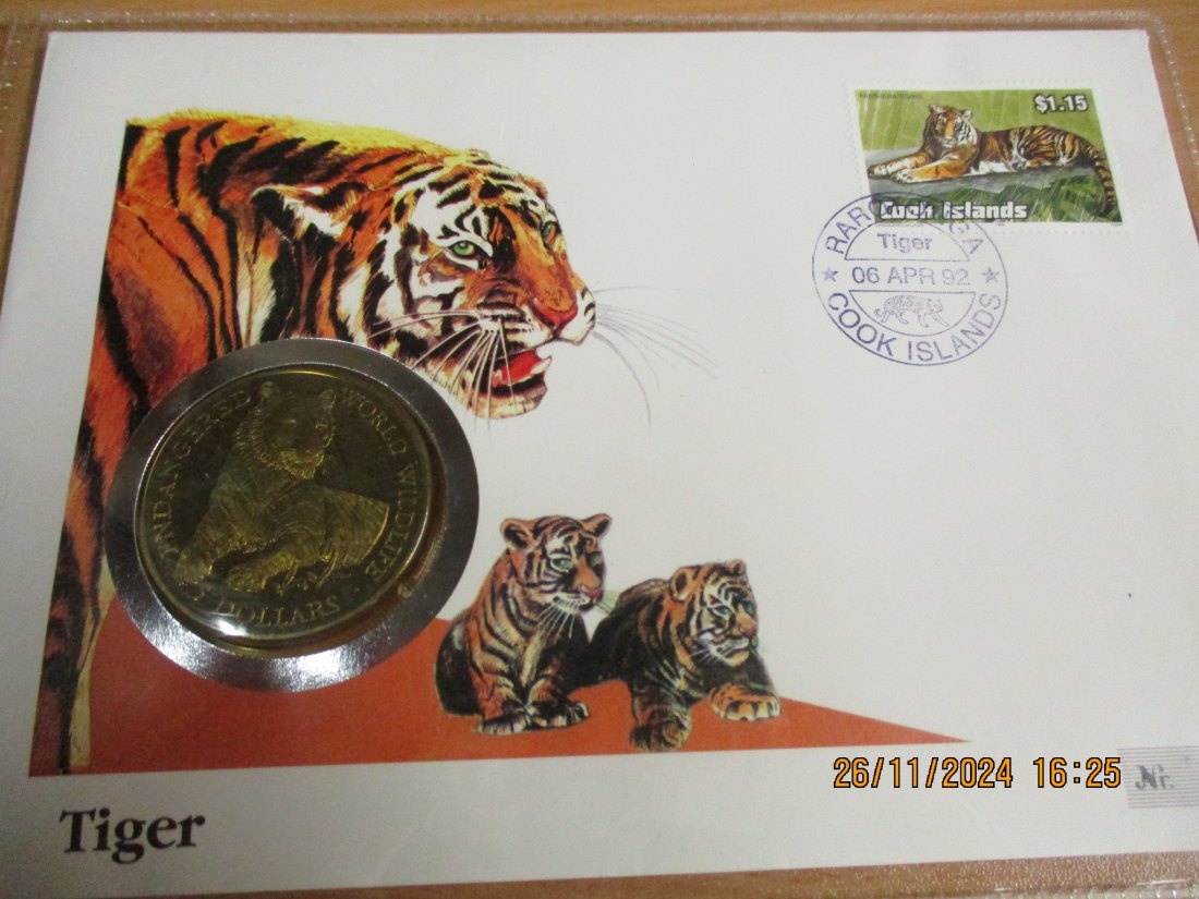  5 Dollars Cook Islands 1990 Numisbrief Tiger Gefährdete Tierwelt mit Briefmarken   