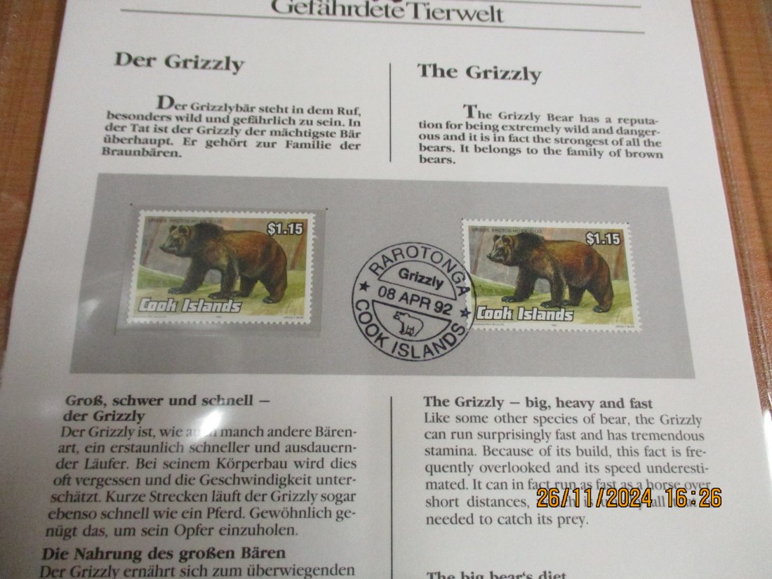  5 Dollars Cook Islands 1990 Numisbrief Grizzlys Gefährdete Tierwelt mit Briefmarken   