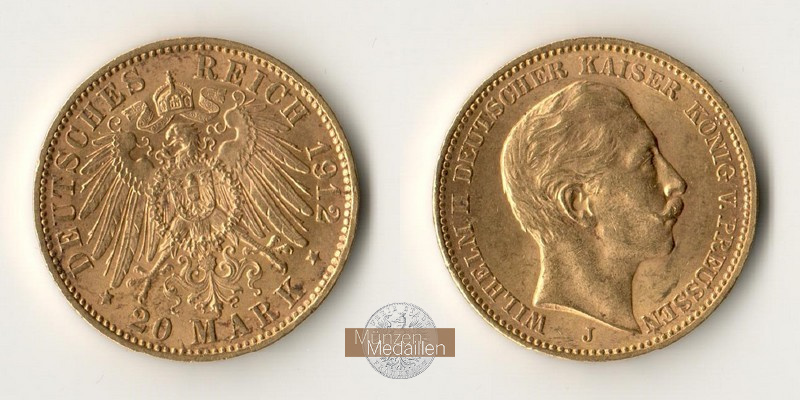 Preussen, Kaiserreich    20 Mark MM-Frankfurt Feingold: 7,17g Wilhelm II. 1891-1918 1912 J 