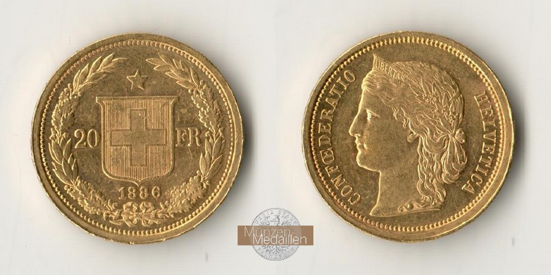 Schweiz MM-Frankfurt Feingewicht: 5,81g 20 Francs 1886 