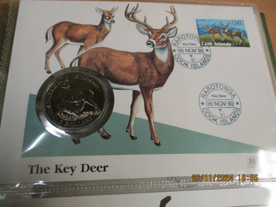  5 Dollars Cook Islands 1991 Numisbrief Weißwendelhirsch Gefährdete Tierwelt mit Briefmarken   