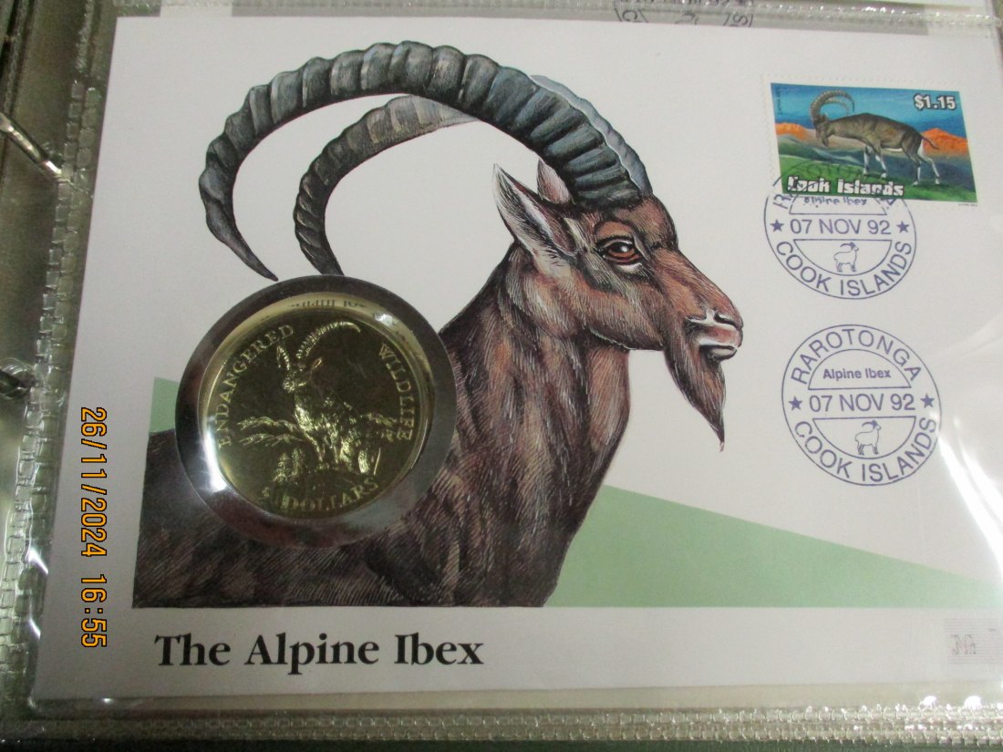  5 Dollars Cook Islands 1991 Numisbrief Alpensteinbock Gefährdete Tierwelt mit Briefmarken   