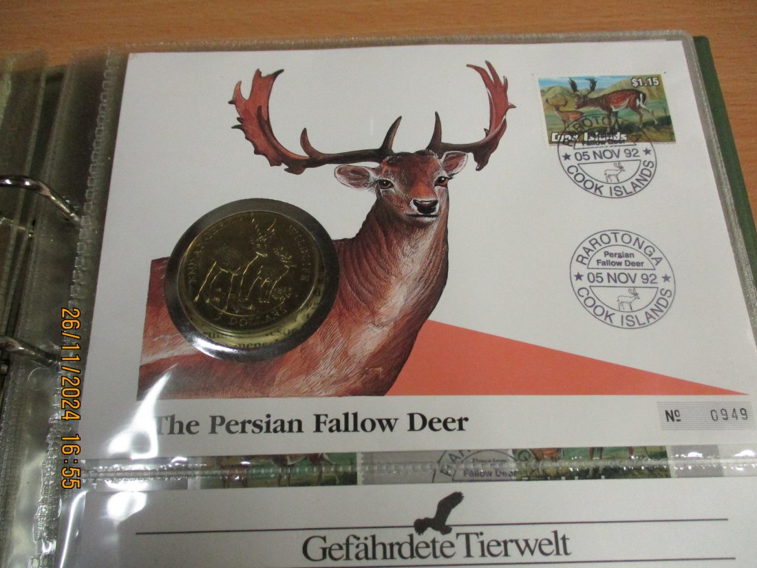  5 Dollars Cook Islands 1991 Numisbrief Damhirsch Gefährdete Tierwelt mit Briefmarken   