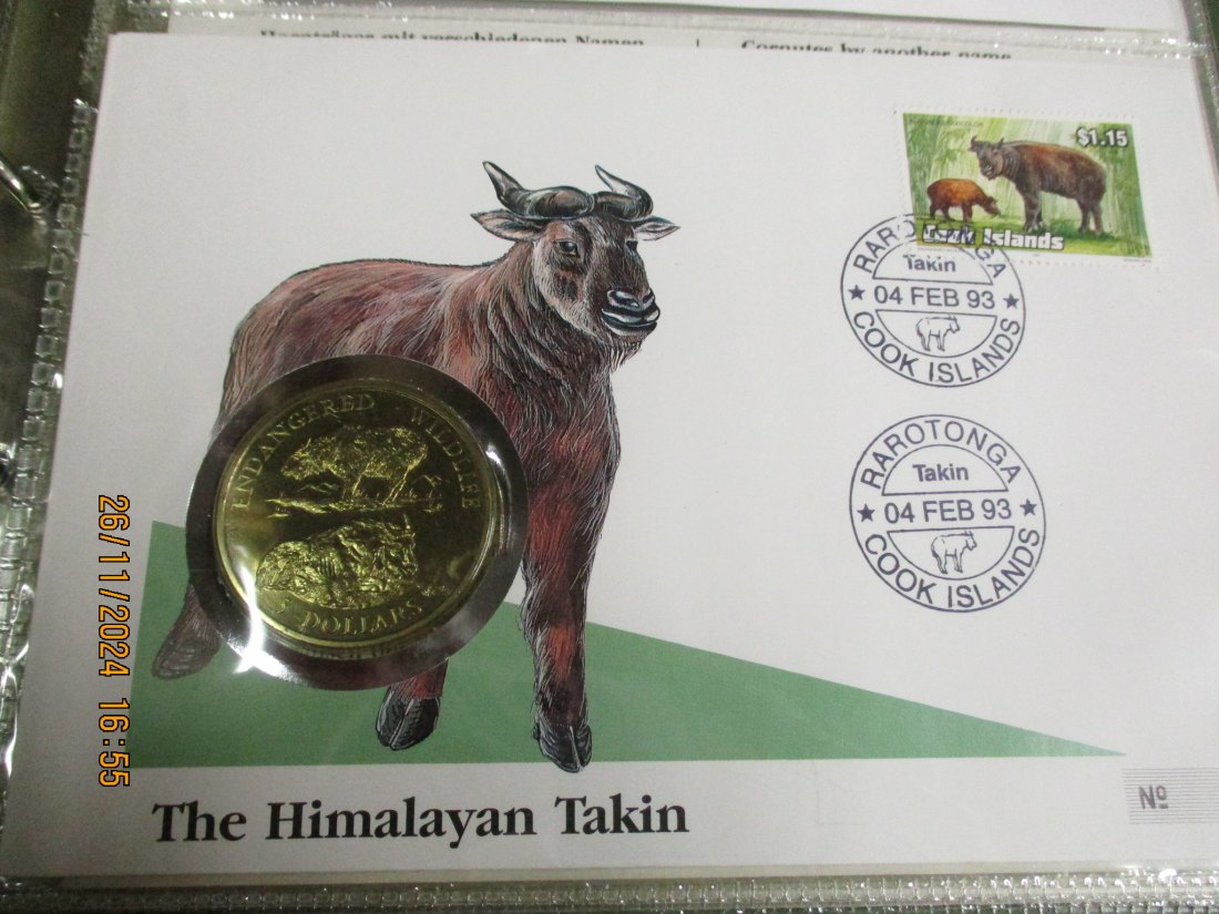  5 Dollars Cook Islands 1992 Numisbrief Der Takin Gefährdete Tierwelt mit Briefmarken   