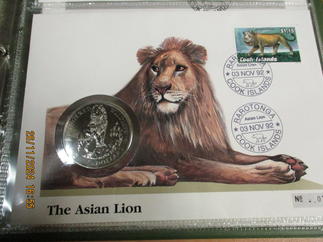  5 Dollars Cook Islands 1991 Numisbrief Asiatische Löwe Gefährdete Tierwelt mit Briefmarken   