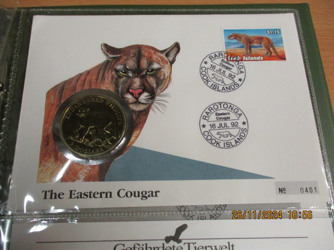  5 Dollars Cook Islands 1991 Numisbrief Der Puma Gefährdete Tierwelt mit Briefmarken   