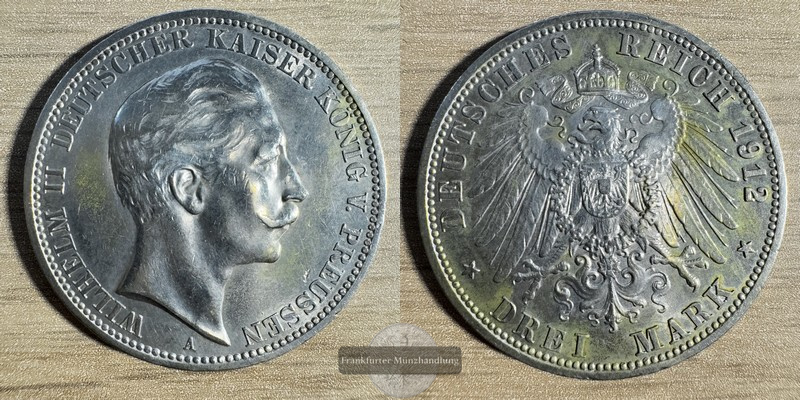  Deutschland. dt. Kaiserreich 3 Mark 1912 Wilhelm II A FM-Frankfurt KM#527 Feinsilber: 15g   