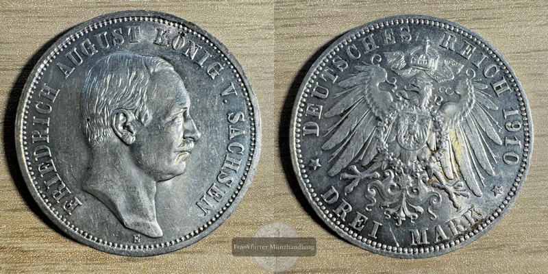  Deutschland. dt. Kaiserreich 3 Mark 1910 Friedrich August E FM-Frankfurt KM#1267 Feinsilber: 15g   