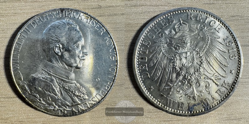  Deutschland. dt. Kaiserreich 2 Mark 1913 A Wilhelm II FM-Frankfurt KM#533 Feinsilber: 10g   