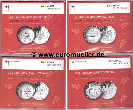 Deutschland 4x 25 Euro Weihnachtsmünze 2021-2024...PP   