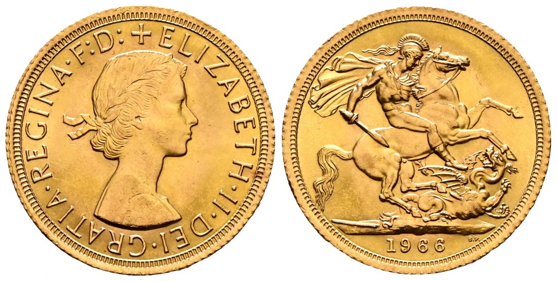 PEUS 2254 Grossbritannien 7,32 g Feingold. Elizabeth II. (1952 - 2022) Sovereign GOLD 1966 Vorzüglich / Stempelglanz