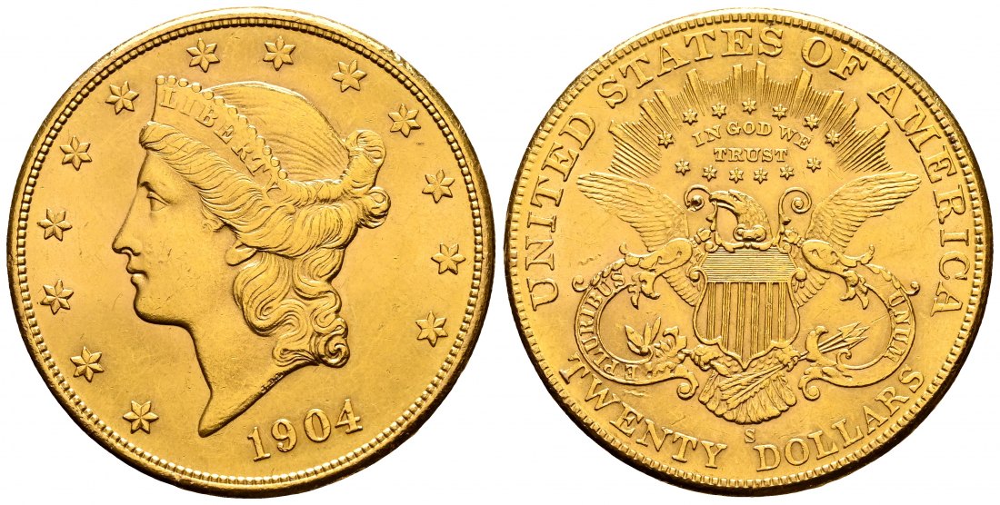 PEUS 2256 USA 30,1 g Feingold. Coronet Head 20 Dollars GOLD 1904 S Kl. Kratzer, fast Vorzüglich