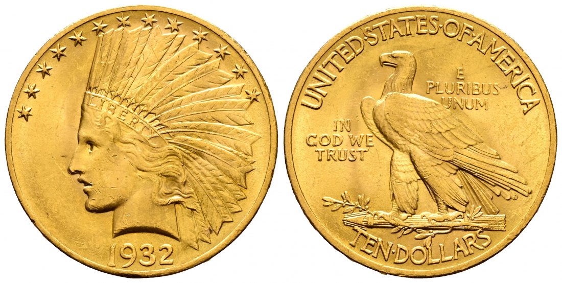 PEUS 2258 USA 15,05 g Feingold. Indian Head 10 Dollars GOLD 1932 Kl. Kratzer, Vorzüglich