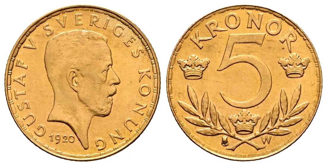 PEUS 2268 Schweden 2,02 g Feingold. Gustaf V. (1907 - 1950) 5 Kronor GOLD 1920 W Kl. Kratzer, Vorzüglich