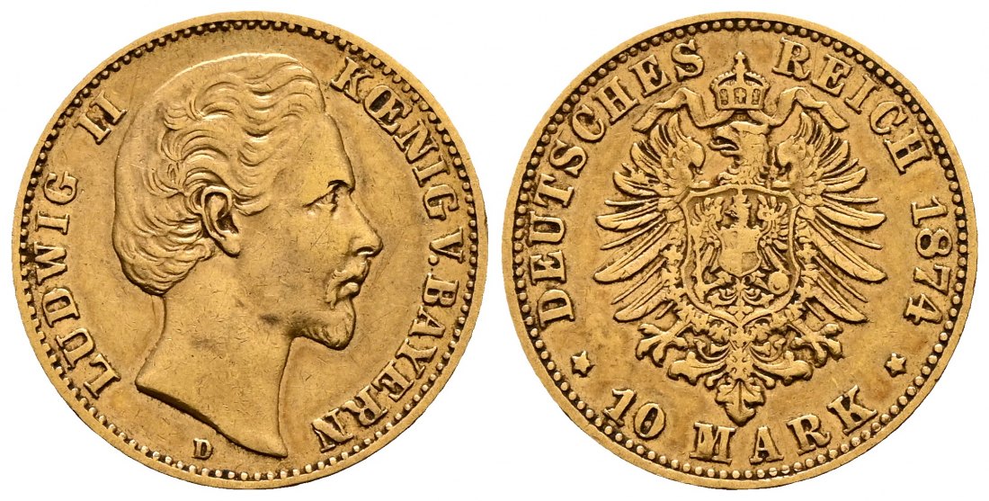 PEUS 2270 Kaiserreich - Bayern 3,58 g Feingold. Ludwig II. (1864 -1886) 10 Mark GOLD 1874 D München Sehr schön