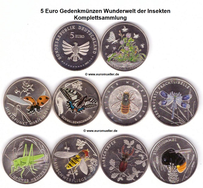 Deutschland 9x 5 Euro Gedenkmünzen 2022-2024...Insekten   