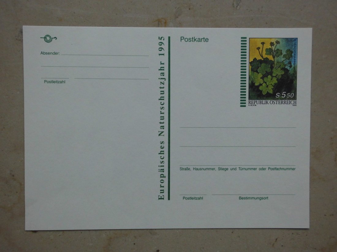  Ganzsache (Postkarte) Österreich: Europäisches Naturschutzjahr 1995/Glimmersteinbrech   