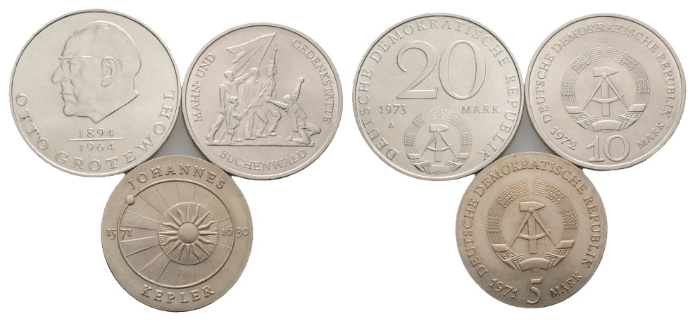  DDR; 20 Mark 1973, 10 Mark 1972 und 5 Mark 1971   