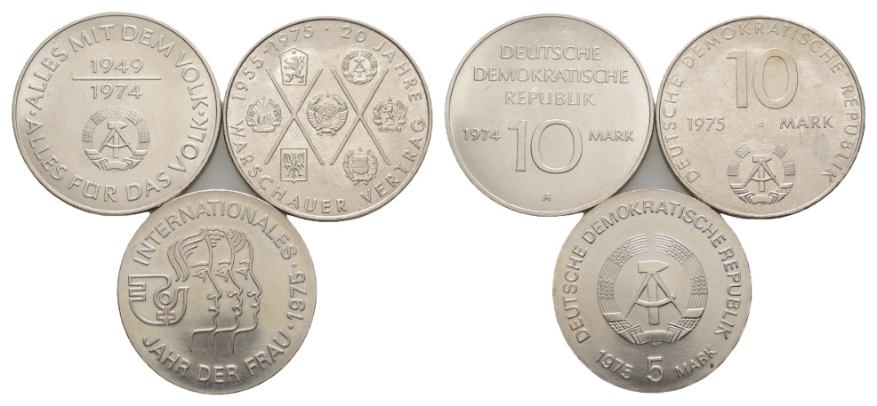  DDR; 10 Mark 1974, 10 Mark 1975 und 5 Mark 1975   