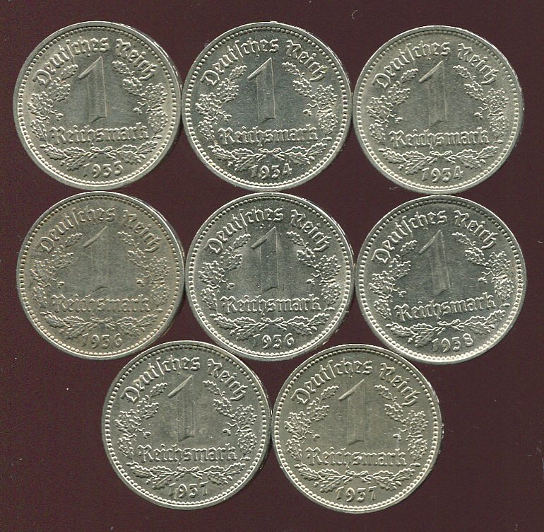  3. Reich 8x 1 Reichsmark von 1933-1938 alle verschieden   