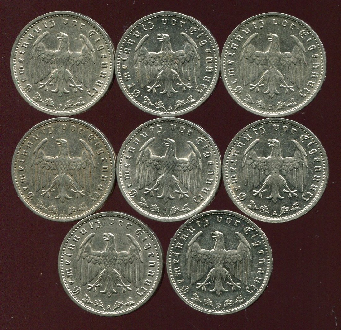  3. Reich 8x 1 Reichsmark von 1933-1938 alle verschieden   