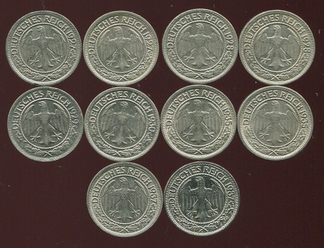  Weimarer Republik 10x 50 Pf. von 1927-37 keine doppelten   