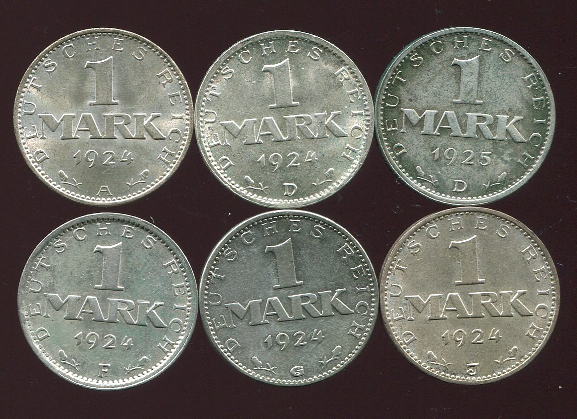  Weimarer Republik 6x 1 Mark Silbermünzen von 1924-25 keine doppelten   