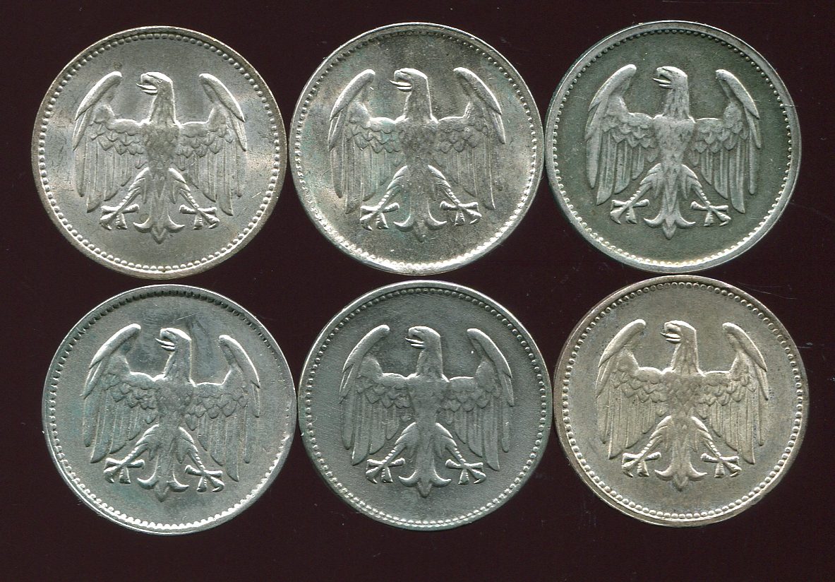  Weimarer Republik 6x 1 Mark Silbermünzen von 1924-25 keine doppelten   