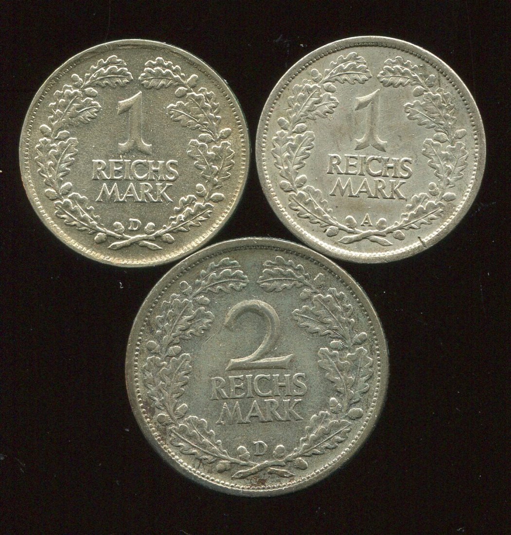  Weimarer Republik 3x Reichsmark Silbermünzen von 1925/26   