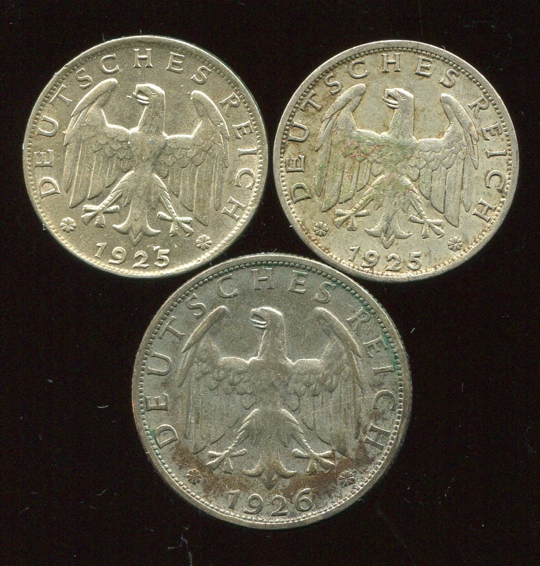  Weimarer Republik 3x Reichsmark Silbermünzen von 1925/26   