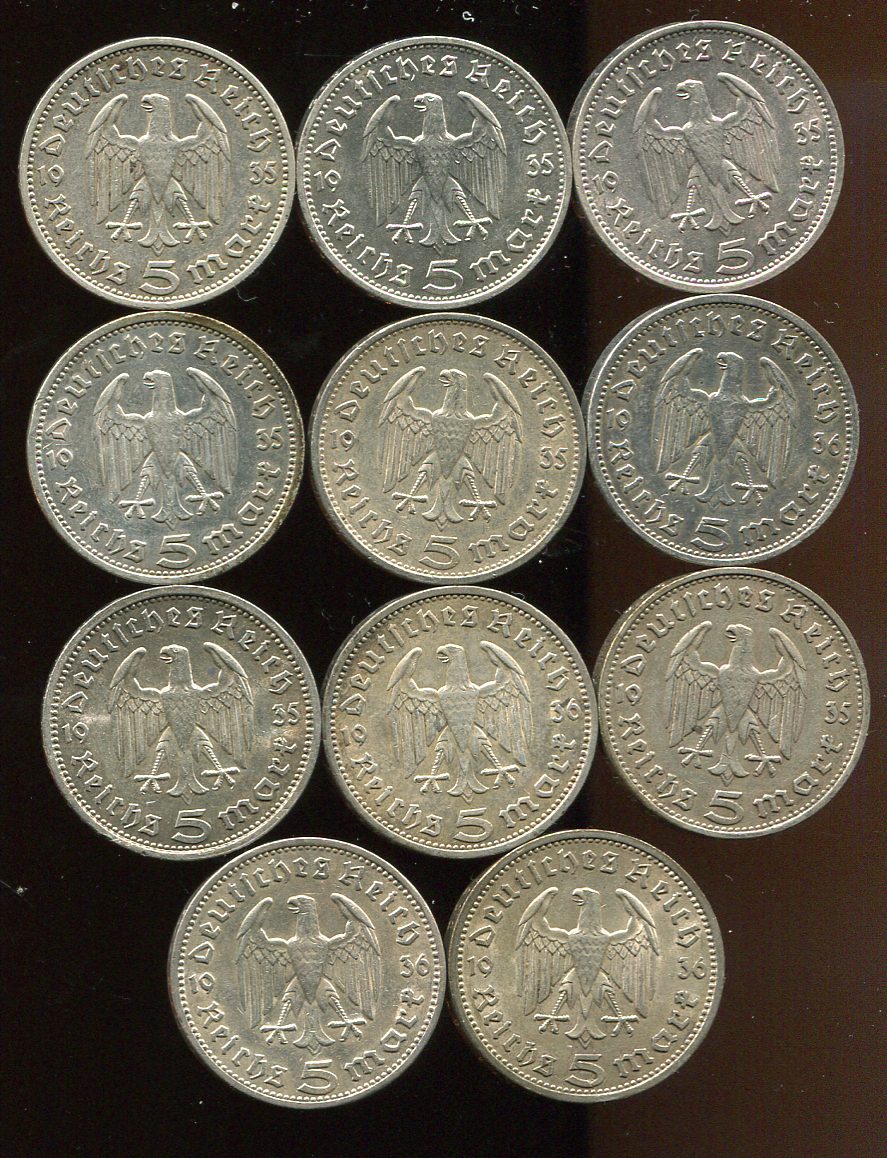  3. Reich 11x 5 Reichsmark von 1935-1936   