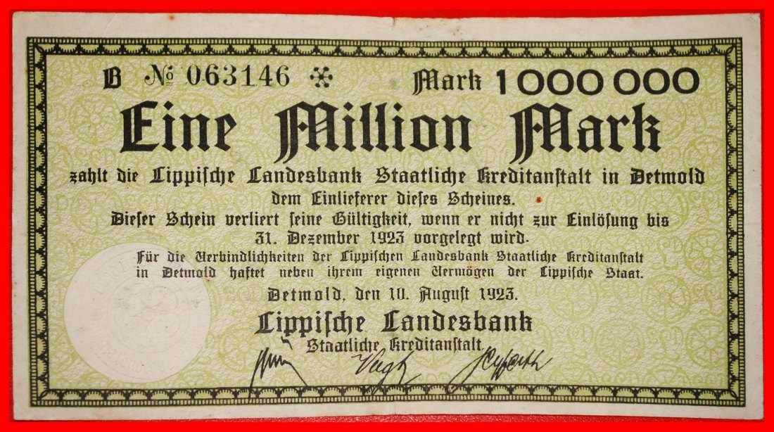  Ⰶ DIENSTSIEGEL: DEUTSCHLAND LIPPE ★ 1000000 MARK 1923 KNACKIG! VERÖFFENTLICHT WERDEN★OHNE VORBEHALT!   