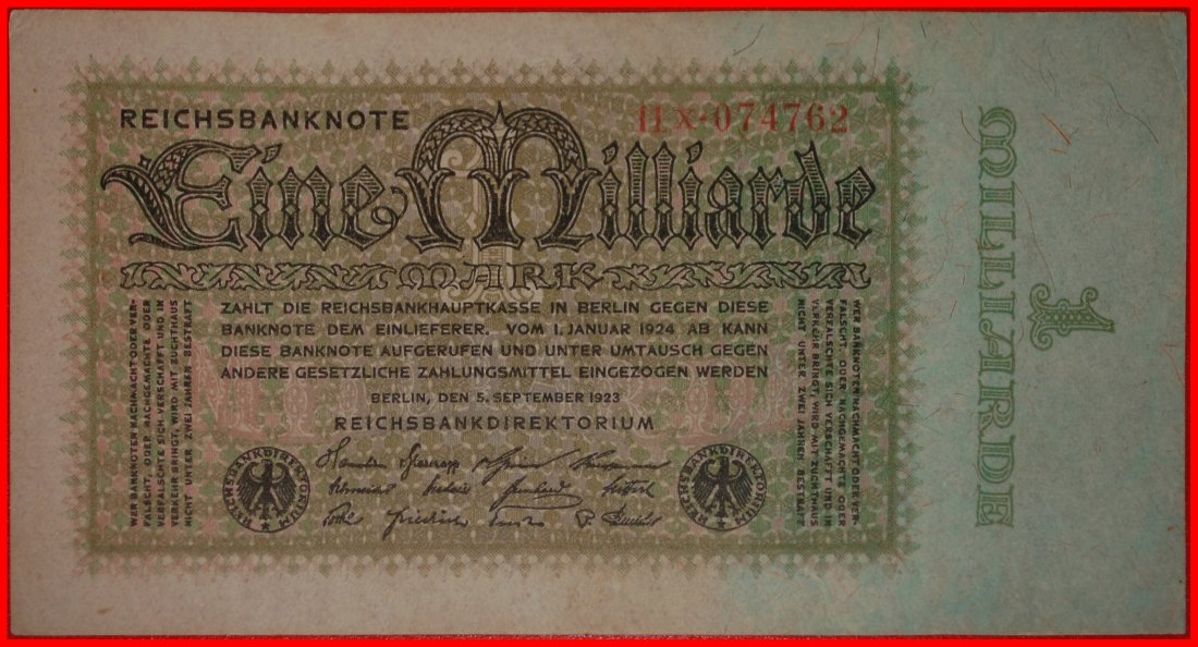  Ⰶ GREEN SIDE: GERMANY ★ 1000000000 MARKS 1923 CRISP UNCOMMON!★LOW START ★ NO RESERVE!   