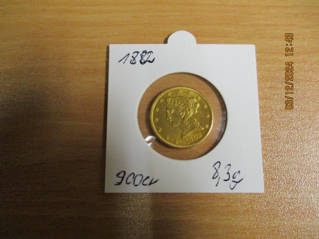  5 Dollars 1882 Goldmünze 900er Gold 8,3 Gramm /U1   