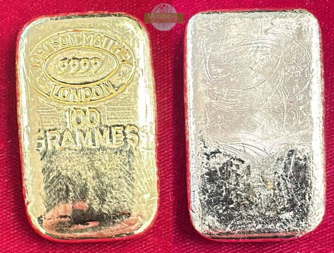 Grossbritannien MM-Frankfurt Feingewicht: 100g Gold 100g Goldbarren (Johnson Matthey)  