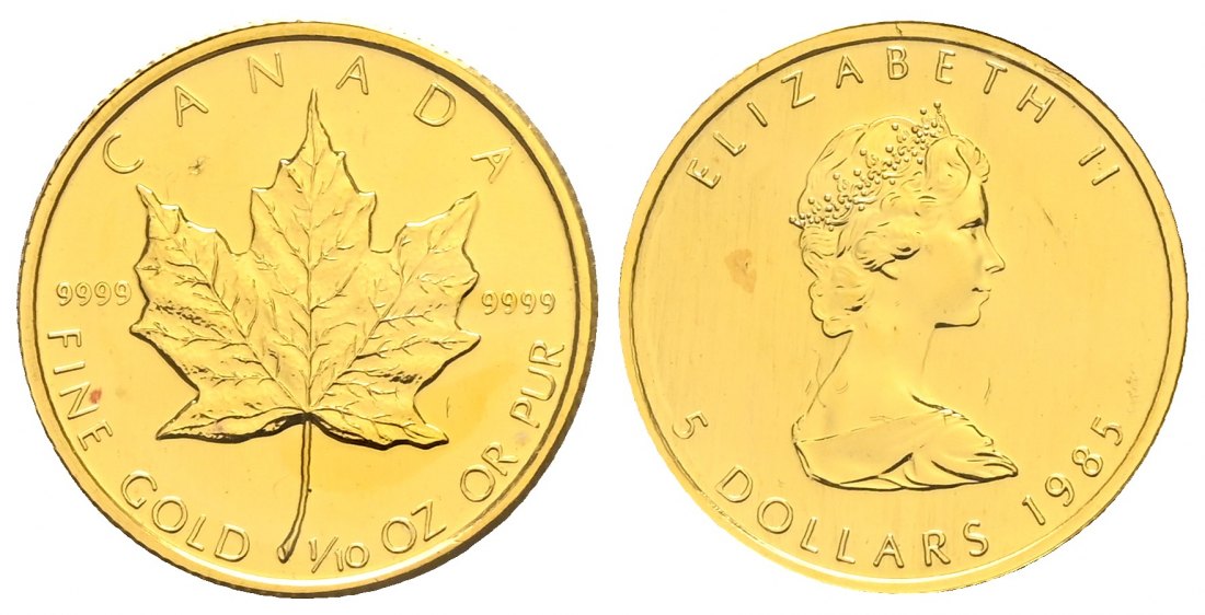 PEUS 2281 Kanada 3,11 g Feingold. Maple Leaf 5 Dollars GOLD 1/10 Unze 1985 Uncirculated (eingeschweißt)