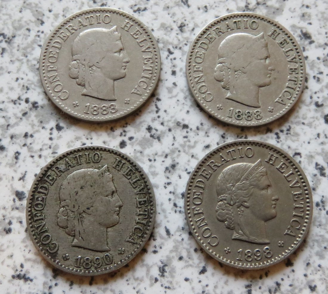  Schweiz 5 Rappen, 4 verschiedene Jahrgänge 1883 - 1898   