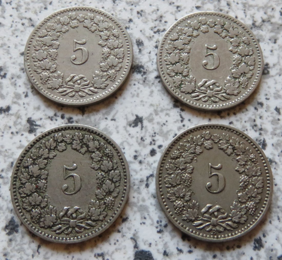  Schweiz 5 Rappen, 4 verschiedene Jahrgänge 1883 - 1898   