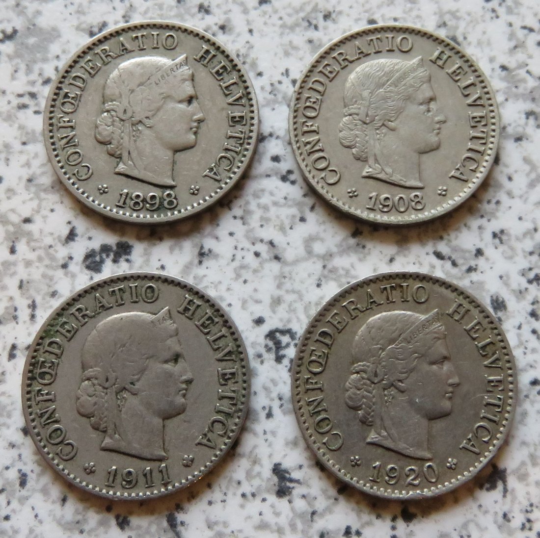  Schweiz 5 Rappen, 4 verschiedene Jahrgänge 1898 - 1920   