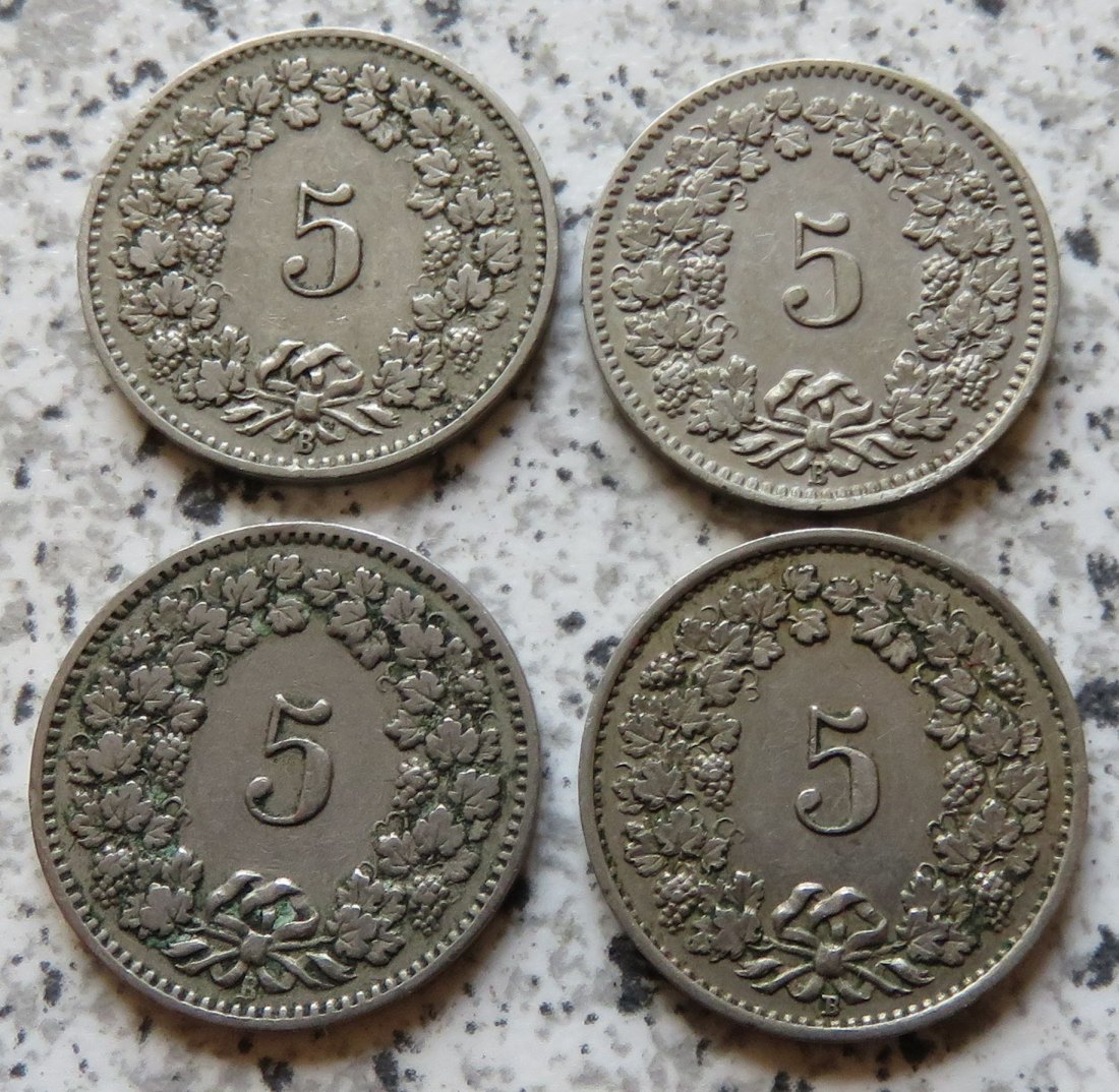  Schweiz 5 Rappen, 4 verschiedene Jahrgänge 1898 - 1920   