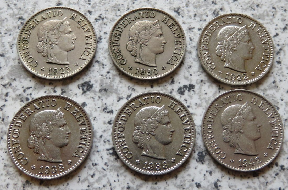  Schweiz 5 Rappen, 6 verschiedene Jahrgänge 1925 - 1942   