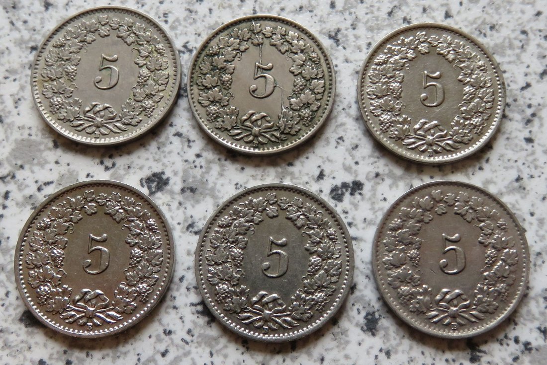  Schweiz 5 Rappen, 6 verschiedene Jahrgänge 1925 - 1942   