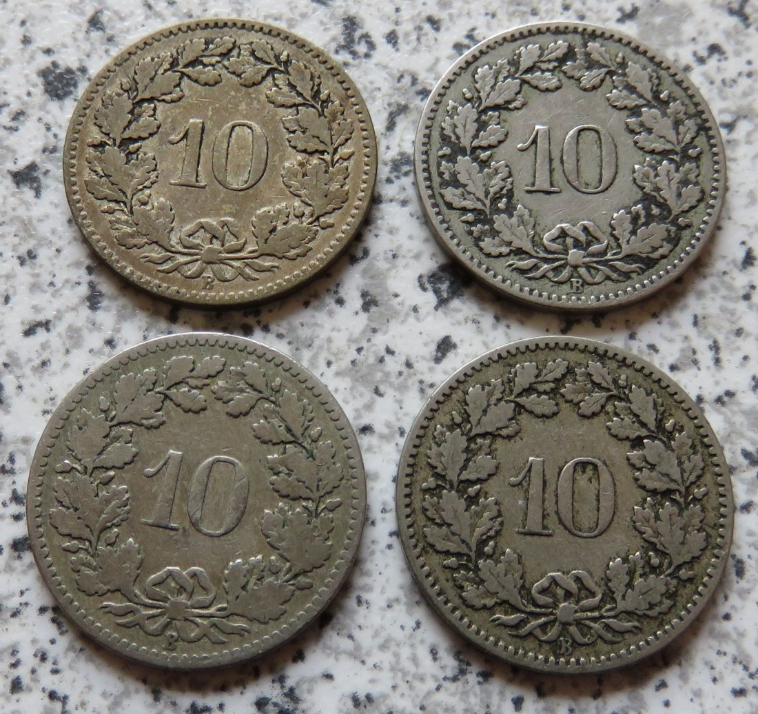  Schweiz 10 Rappen, 4 verschiedene Jahrgänge, 1880 - 1884   