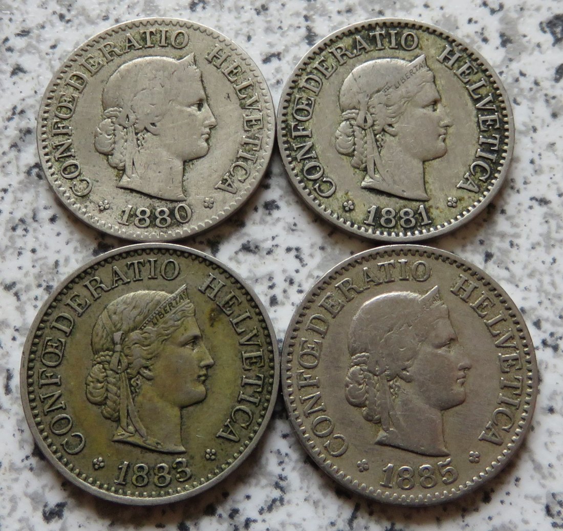  Schweiz 10 Rappen, 4 verschiedene Jahrgänge, 1880 - 1885   