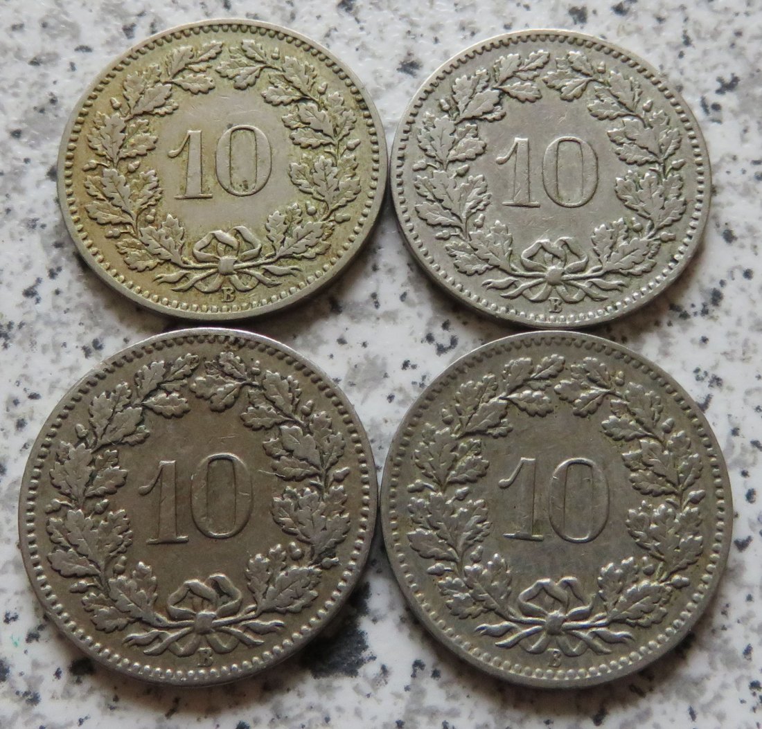  Schweiz 10 Rappen, 4 verschiedene Jahrgänge, 1885 - 1901   