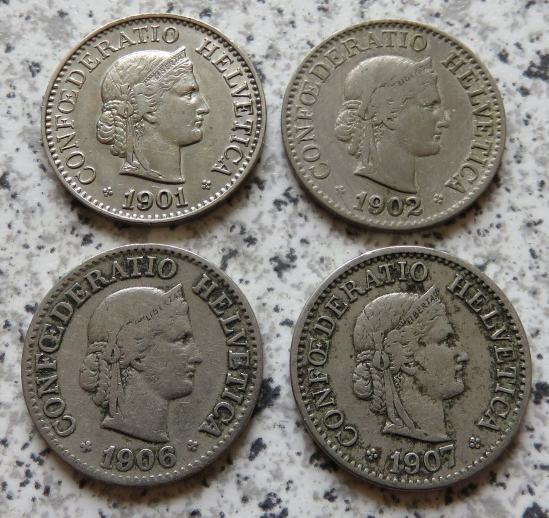  Schweiz 10 Rappen, 4 verschiedene Jahrgänge, 1901 - 1907   