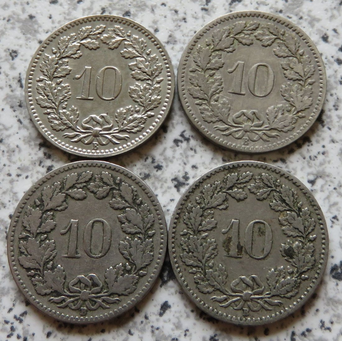  Schweiz 10 Rappen, 4 verschiedene Jahrgänge, 1901 - 1907   