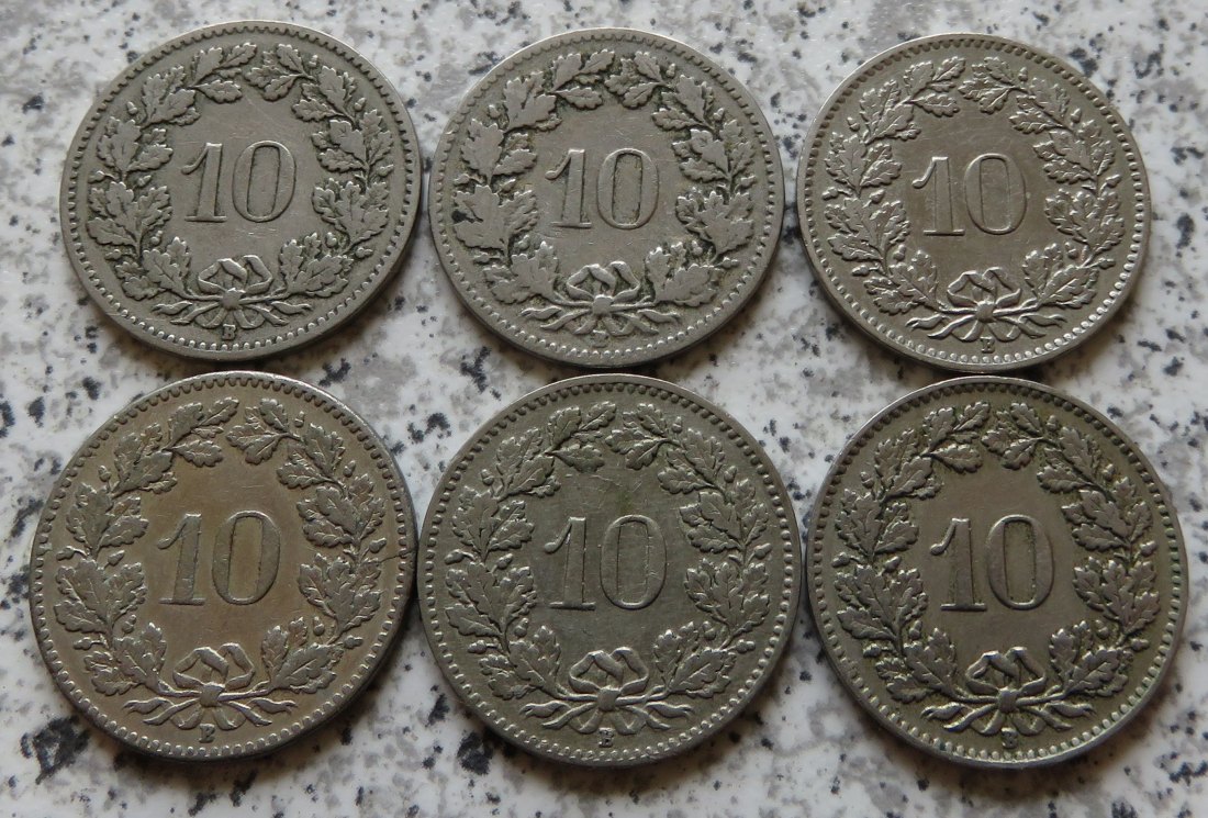  Schweiz 10 Rappen, 6 verschiedene Jahrgänge, 1902 - 1926   